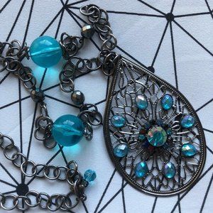 Peacock Blue Vintage Rhinestone Upcycled Assemblage Bohemian Long Necklace OOAK